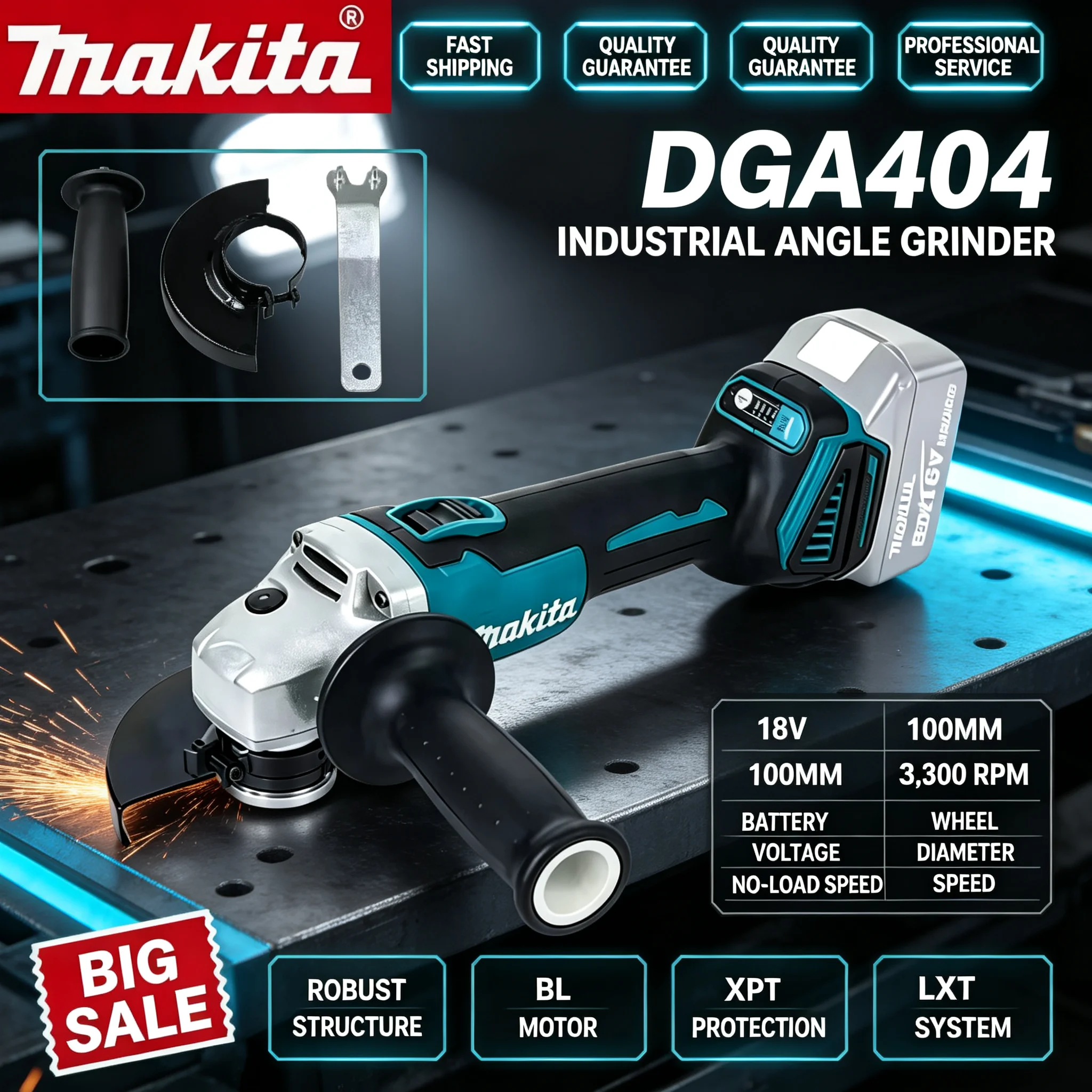 Brushless Angle Grinder Battery Powered - Amoladora angular inalámbrica Makita DGA404, con