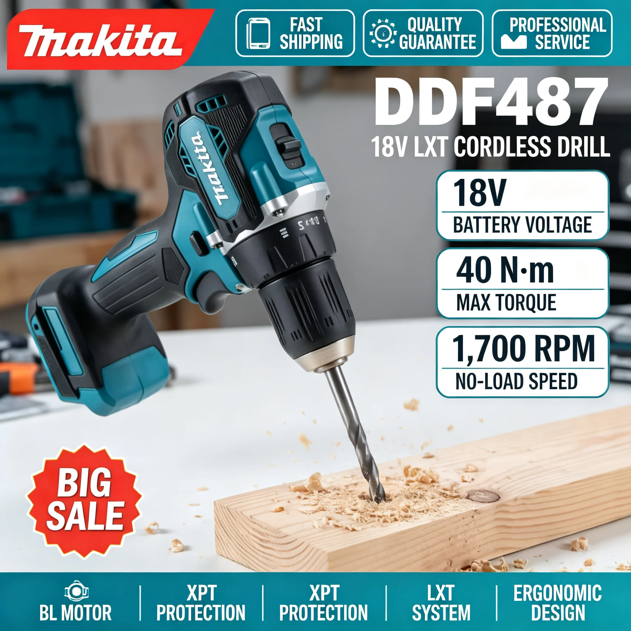 Brushless Cordless Electric Drill 18V - Taladro inalámbrico Makita DDF487 de 18